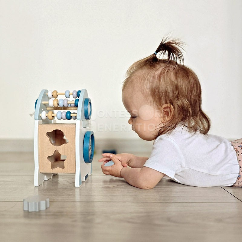 Wooden Montessori Rocket Toy - Shape Sorter with Abacus and Spinning Wheels