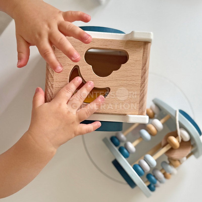 Wooden Montessori Rocket Toy - Shape Sorter with Abacus and Spinning Wheels