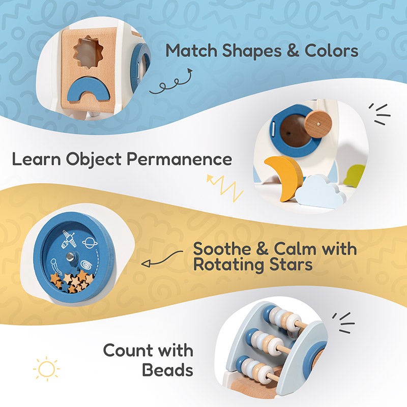 Wooden Montessori Rocket Toy - Shape Sorter with Abacus and Spinning Wheels