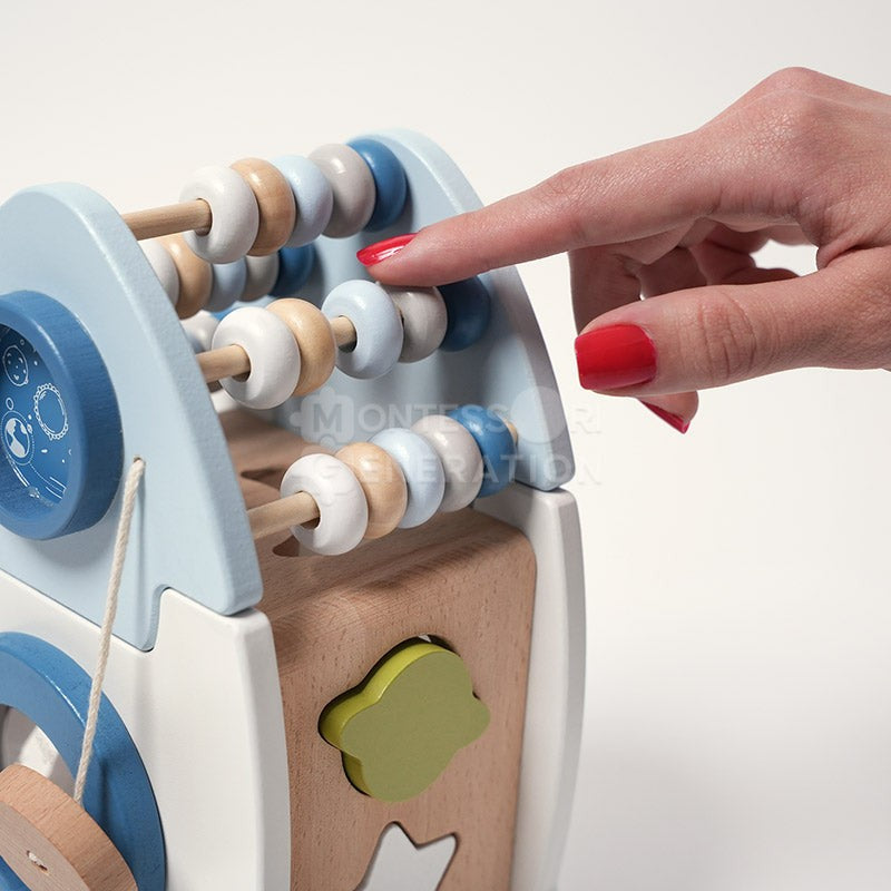 Wooden Montessori Rocket Toy - Shape Sorter with Abacus and Spinning Wheels