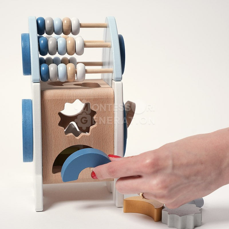 Wooden Montessori Rocket Toy - Shape Sorter with Abacus and Spinning Wheels