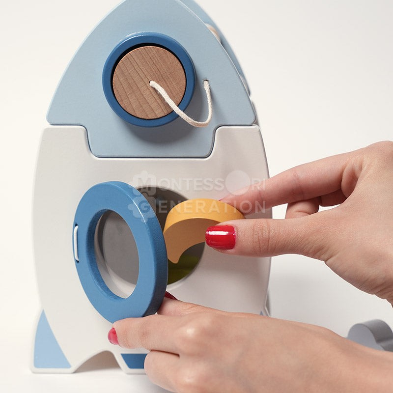Wooden Montessori Rocket Toy - Shape Sorter with Abacus and Spinning Wheels