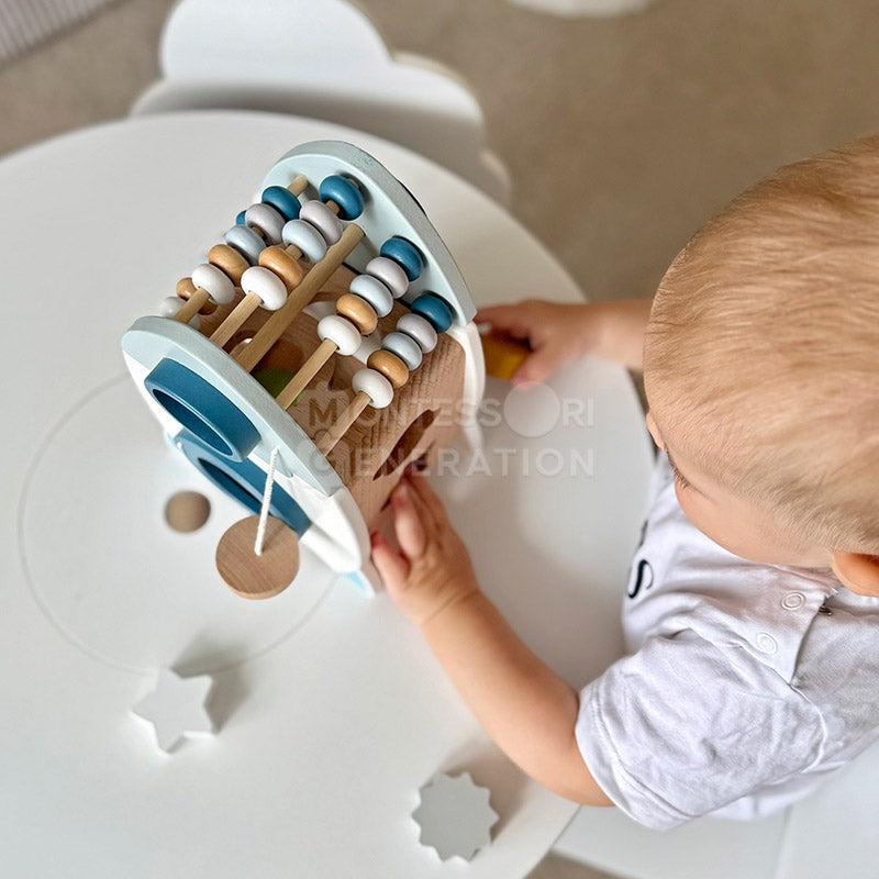 Wooden Montessori Rocket Toy - Shape Sorter with Abacus and Spinning Wheels