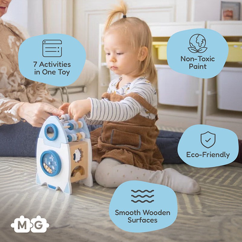 Wooden Montessori Rocket Toy - Shape Sorter with Abacus and Spinning Wheels