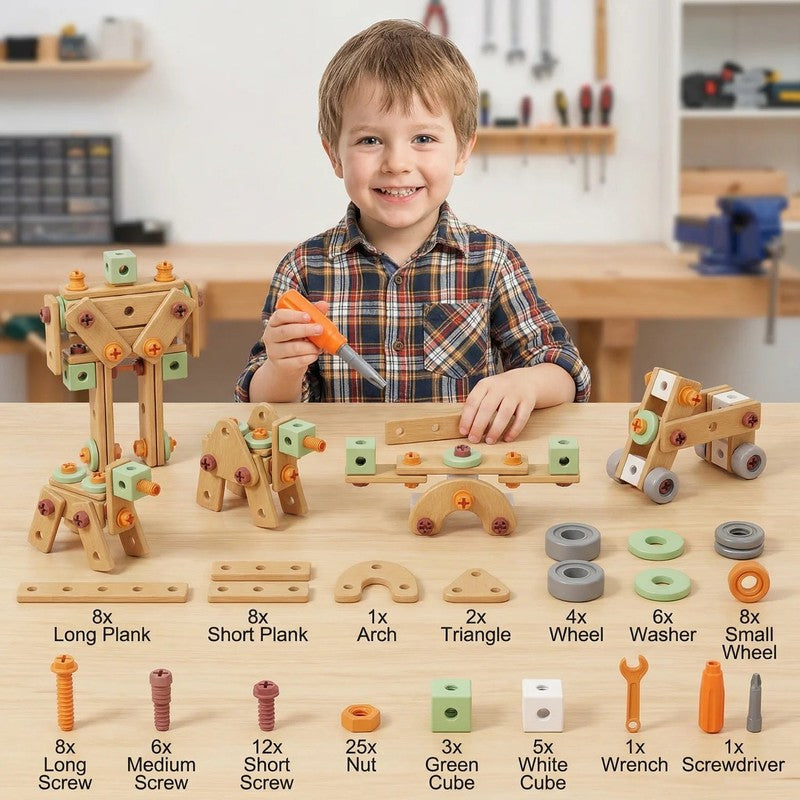 Wooden STEM Toy Set - Nuts, Bolts, Planks and Tools